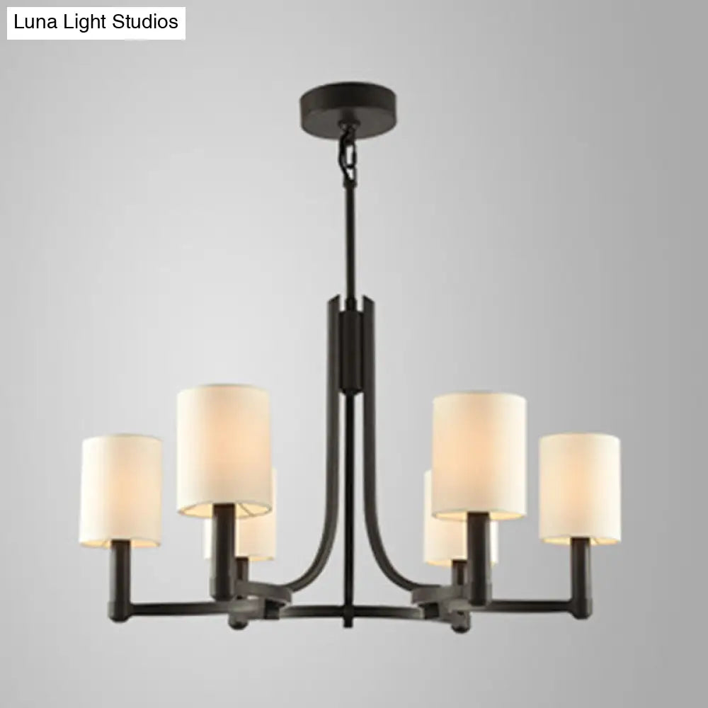 White Fabric Cylindrical Chandelier With 6 Lights - Traditional Living Room Hanging Lamp