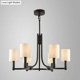 White Fabric Cylindrical Chandelier With 6 Lights - Traditional Living Room Hanging Lamp