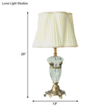 White Fabric Nightstand Lamp: Traditional Drum-Shaped Table Light With Crystal Deco - 1