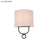 White Fabric Shade Wall Sconce Lighting For Bedroom - Traditional Half-Cylinder Design