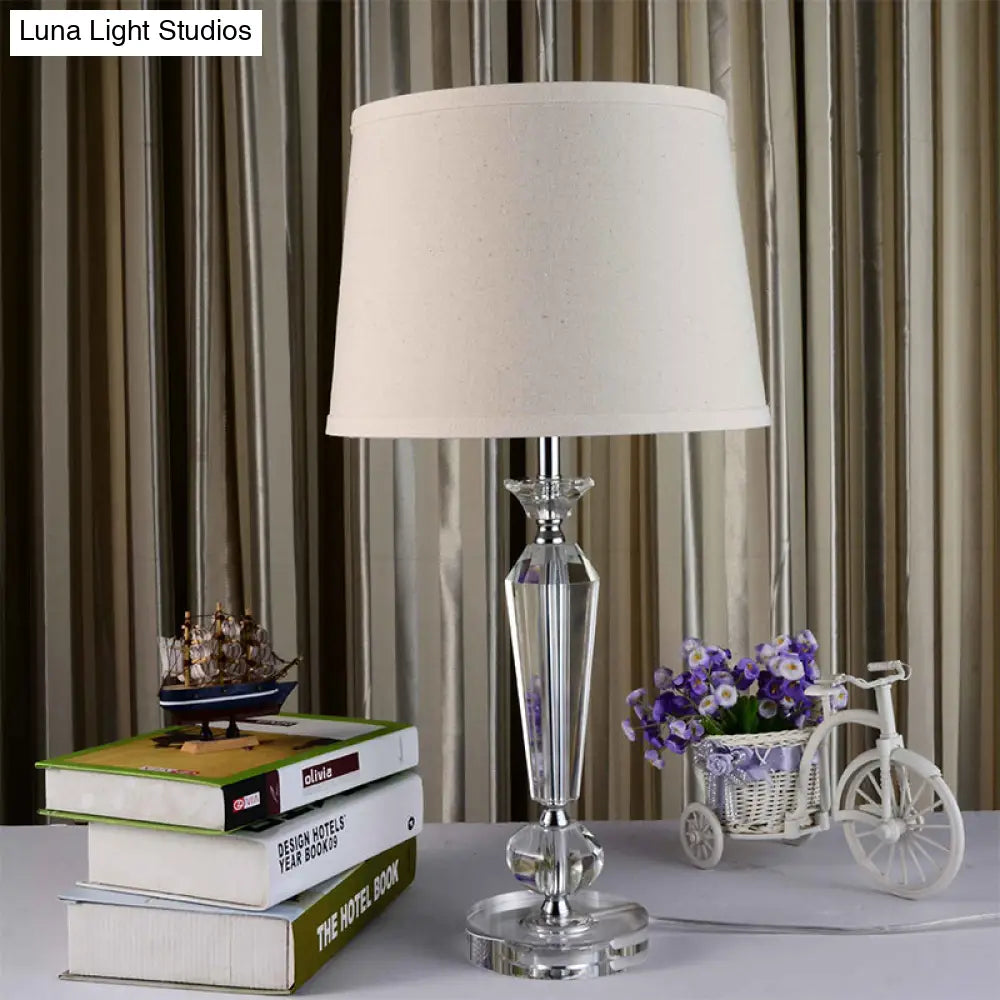 White Fabric Table Lamp With Hand-Cut Crystal Accent And Modern Baluster Design