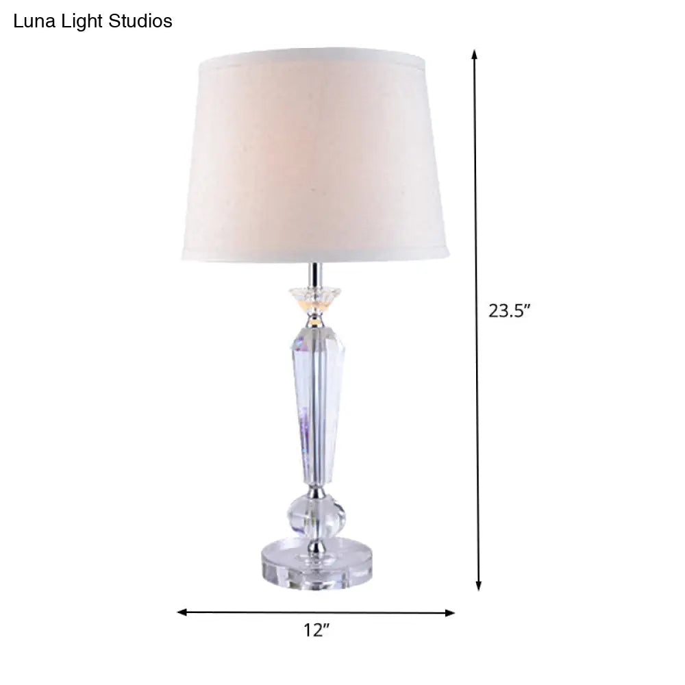 White Fabric Table Lamp With Hand-Cut Crystal Accent And Modern Baluster Design
