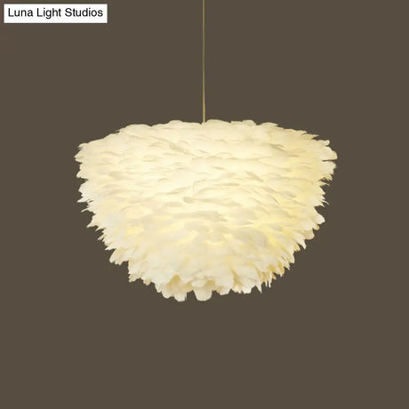 White Floral Pendant Chandelier With Feather Accent - Simple Dining Room Lighting