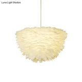 White Floral Pendant Chandelier With Feather Accent - Simple Dining Room Lighting
