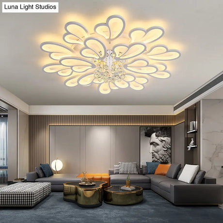 White Flower Flush Ceiling Light - Led Acrylic Lamp With Crystal Ball