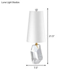 White Geometric Fabric Desk Lamp With Beveled Crystal Accent - Simplistic 1-Head Night Table Light