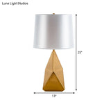 White Geometric Night Lamp - Luxury Metal Table Lighting With Barrel Fabric Shade