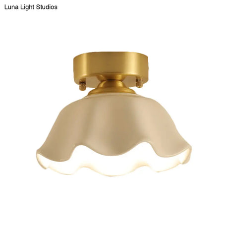 White Glass Brass Flush Lamp - Scalloped/Shell/Trapezoid Design 1 - Light Cottage Ceiling Mount For