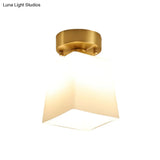 White Glass Brass Flush Lamp - Scalloped/Shell/Trapezoid Design 1 - Light Cottage Ceiling Mount For