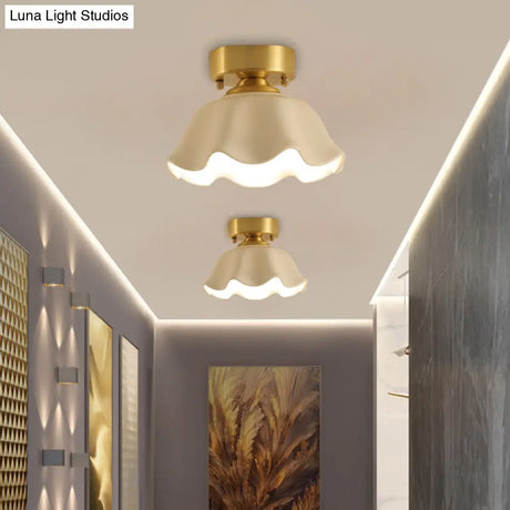 White Glass Brass Flush Lamp - Scalloped/Shell/Trapezoid Design 1 - Light Cottage Ceiling Mount For