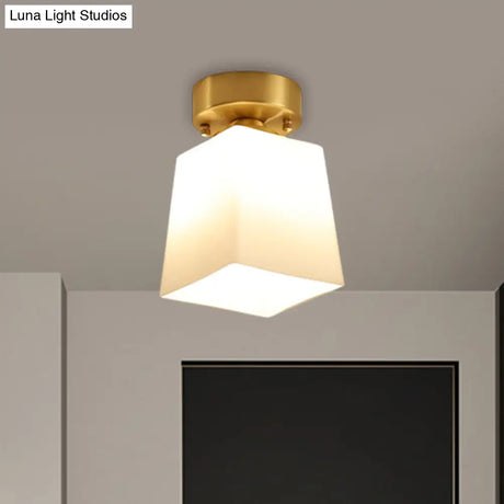 White Glass Brass Flush Lamp - Scalloped/Shell/Trapezoid Design 1 - Light Cottage Ceiling Mount For