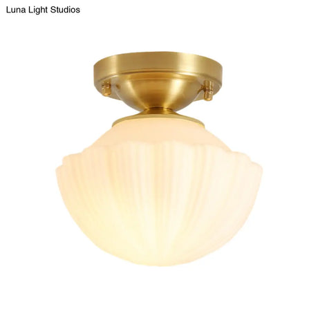 White Glass Brass Flush Lamp - Scalloped/Shell/Trapezoid Design 1 - Light Cottage Ceiling Mount For