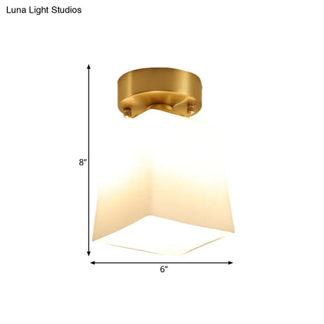 White Glass Brass Flush Lamp - Scalloped/Shell/Trapezoid Design 1 - Light Cottage Ceiling Mount For
