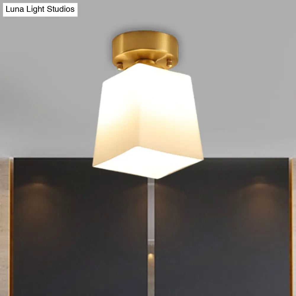 White Glass Brass Flush Lamp - Scalloped/Shell/Trapezoid Design 1 - Light Cottage Ceiling Mount For