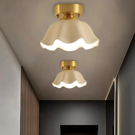 White Glass Brass Flush Lamp - Scalloped/Shell/Trapezoid Design 1 - Light Cottage Ceiling Mount For