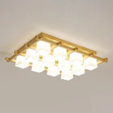 White Glass Cube Ceiling Flush Light - Modern Semi Mount Lighting With Wood Grid 12 /