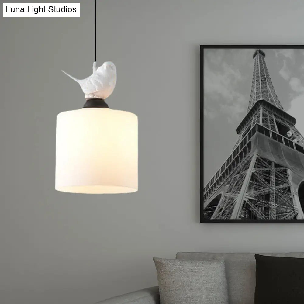 White Glass Cylinder Pendant Light: Simple Style Hanging Lamp With 1 Light Kit