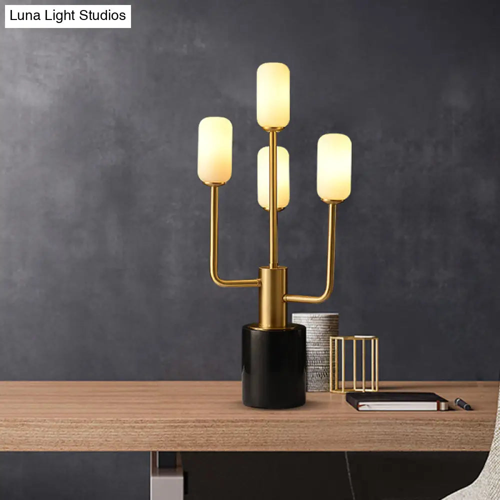 White Glass Cylinder Table Lamp With Brass Task Heads And Marble Base