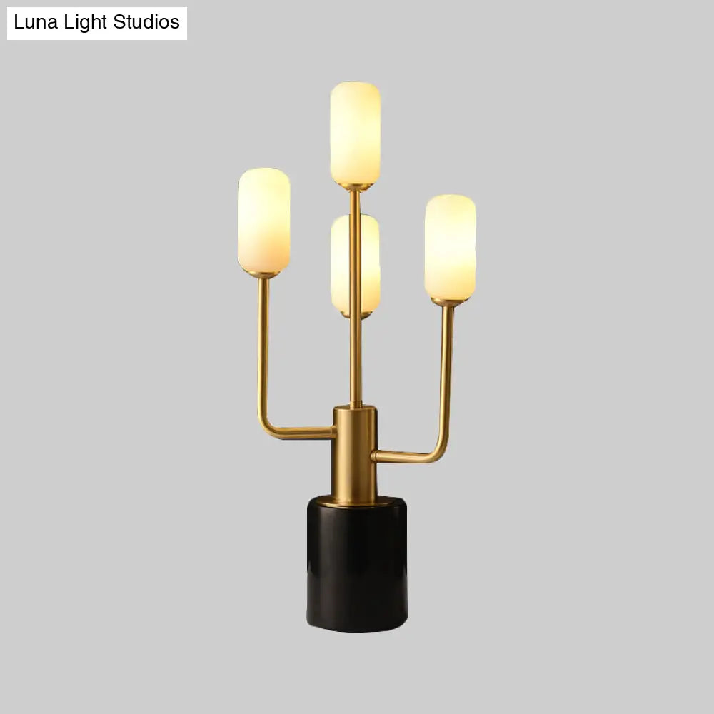 White Glass Cylinder Table Lamp With Brass Task Heads And Marble Base
