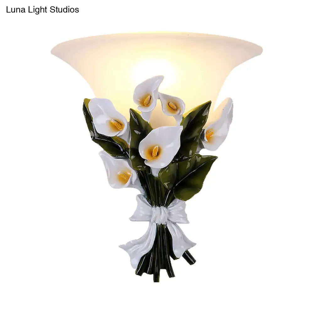White Glass Flared Sconce Lamp - Rustic 1-Light Wall Mounted Light For Living Room With Green
