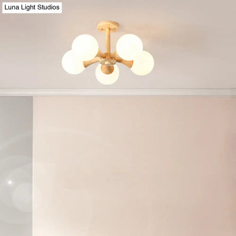 White Glass Flush Mount Chandelier With Nordic Style Ball Wood Canopy - Perfect For Bedrooms