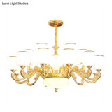White Glass Gold Chandelier With Tapered Drop Pendant And Scrolled Arm Design