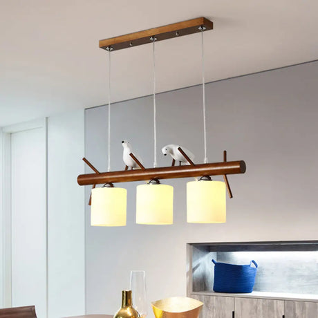 White Glass Led Pendant Light With Resin Bird - Cylinder Restaurant Island Hanging Fixture 3 /
