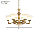 White Glass Pagoda Up Chandelier Traditional 3/6-Head Bedroom Hanging Pendant Light In Brass