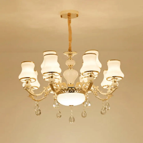 White Glass Pendant Chandelier With Crystal Draping For Living Room - Classic Bud Lighting 12 /