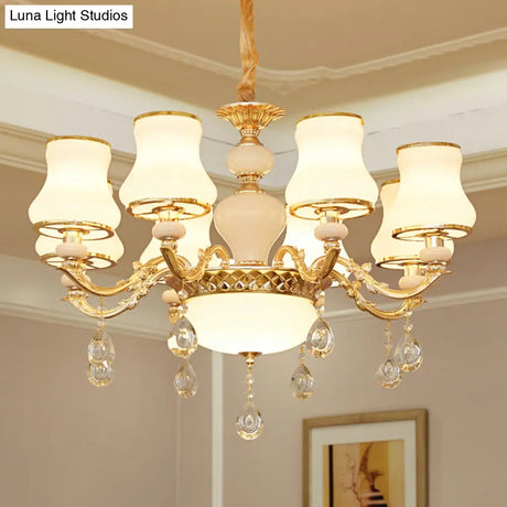 White Glass Pendant Chandelier With Crystal Draping For Living Room - Classic Bud Lighting