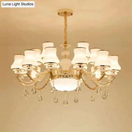 White Glass Pendant Chandelier With Crystal Draping For Living Room - Classic Bud Lighting