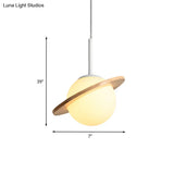 White Glass Pendant Lamp With Wood Ring - Simple Global Hanging Fixture For Bedside