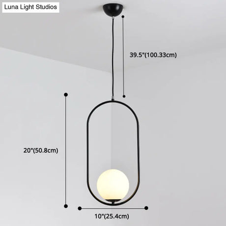 White Glass Pendant Light With Mid-Century Globe Design And Metal Ring