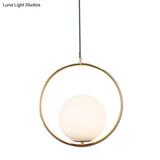 White Glass Pendant Light With Mid-Century Globe Design And Metal Ring