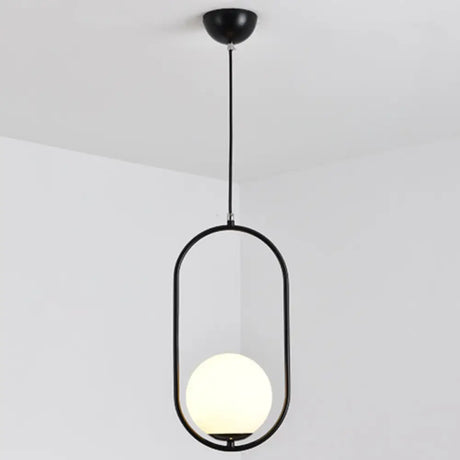 White Glass Pendant Light With Mid-Century Globe Design And Metal Ring Black / 16’