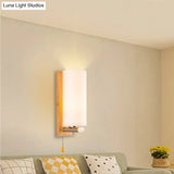 White Glass Wall Sconce - Cylindrical Bedside Light With Pull Chain