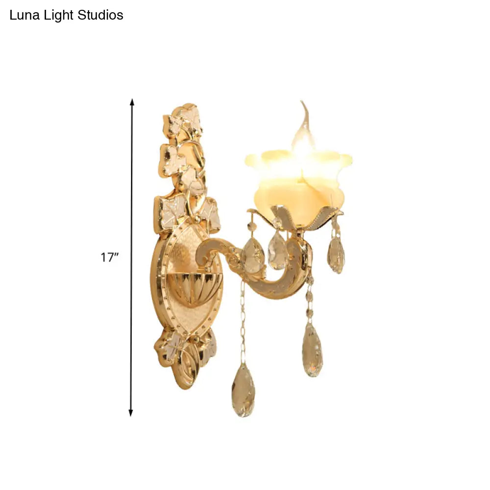 White Glass Wall Sconce With Crystal Draping Brass Mount - Traditional Candle Style Lighting (1/2