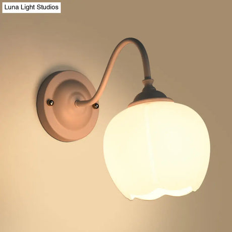 White Glass Wall Sconce With Gooseneck Arm - Countryside Flower Bud Lamp