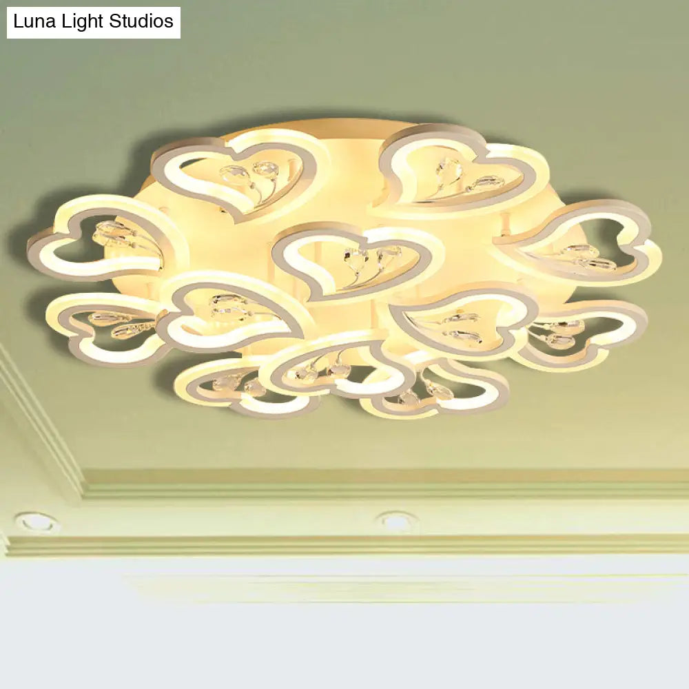 White Heart Shape Led Acrylic Ceiling Lamp - Modern Semi Flush Light With Crystal Accent