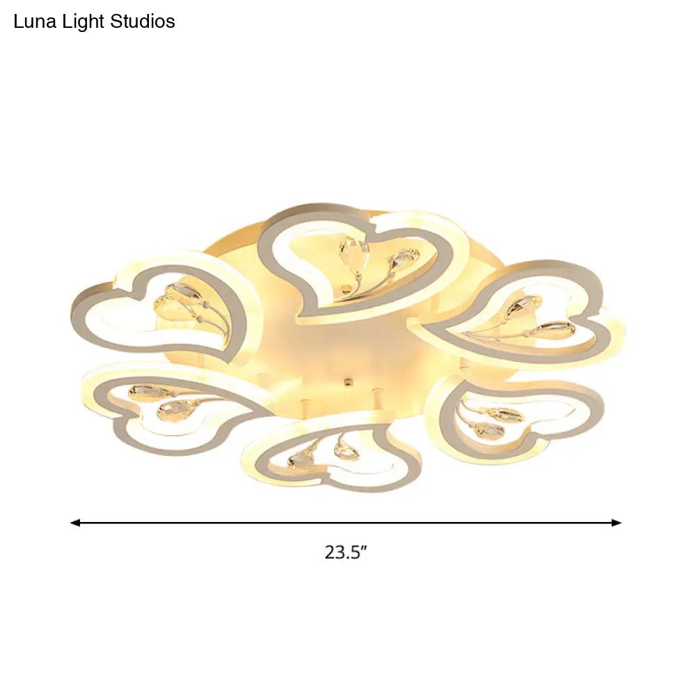 White Heart Shape Led Acrylic Ceiling Lamp - Modern Semi Flush Light With Crystal Accent