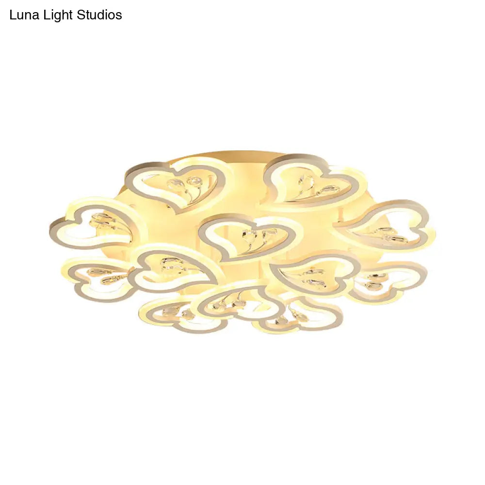 White Heart Shape Led Acrylic Ceiling Lamp - Modern Semi Flush Light With Crystal Accent