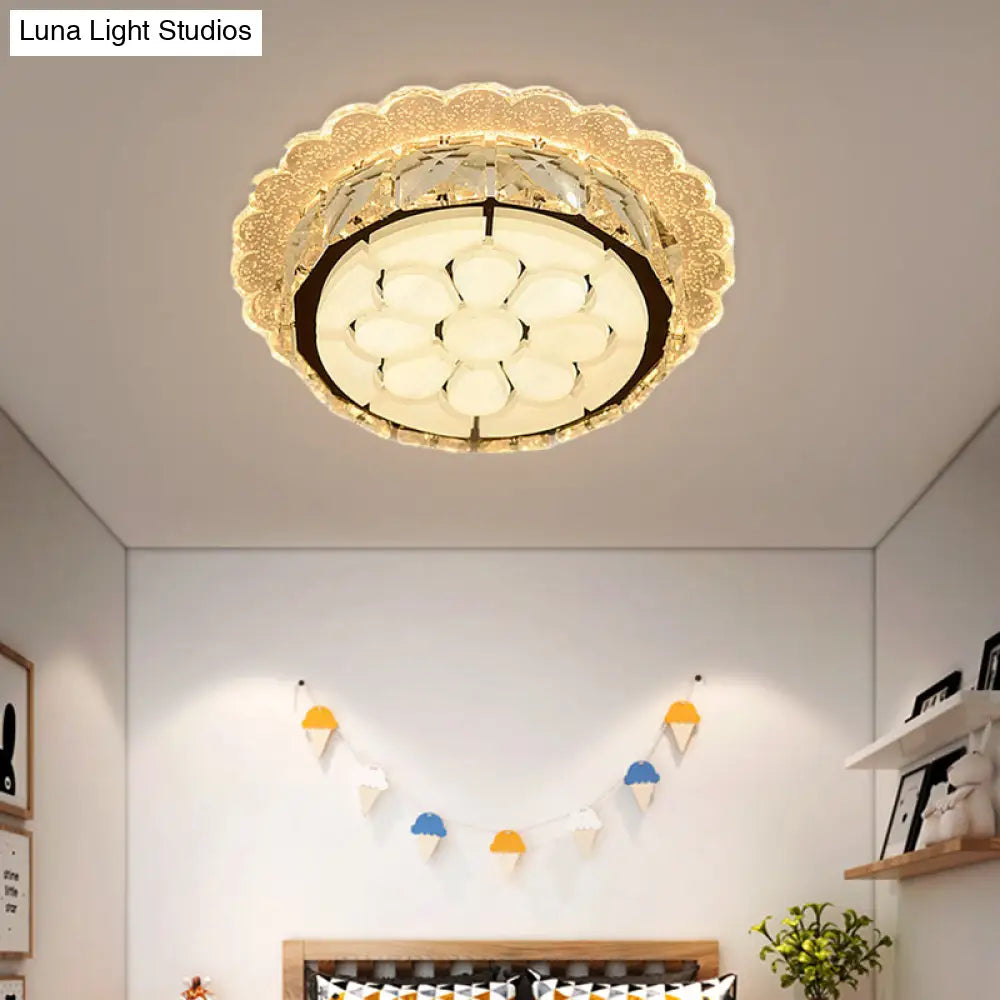 White Led Flushmount With Etched Floral Design For Corridor Ceiling Lighting