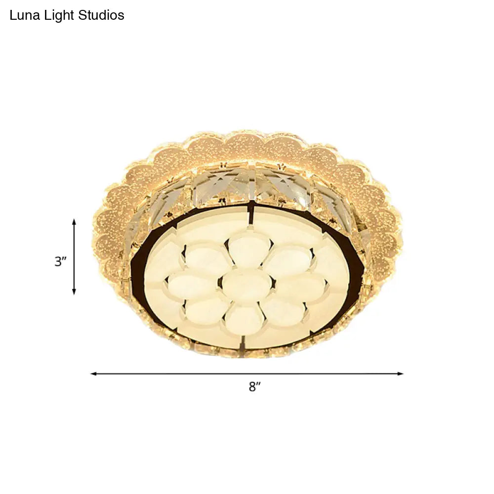 White Led Flushmount With Etched Floral Design For Corridor Ceiling Lighting