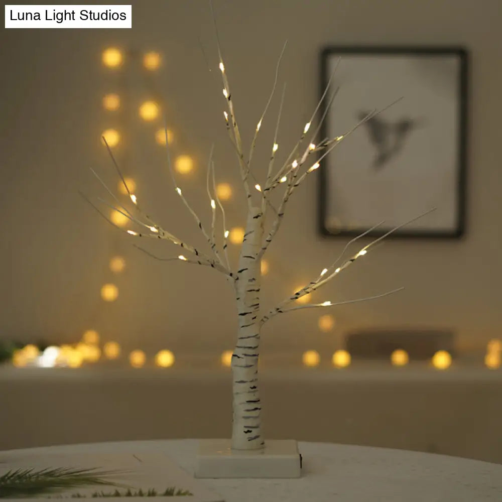 White Led Usb Nightstand Lamp: Plastic Birch Tree Art Decor For Living Room