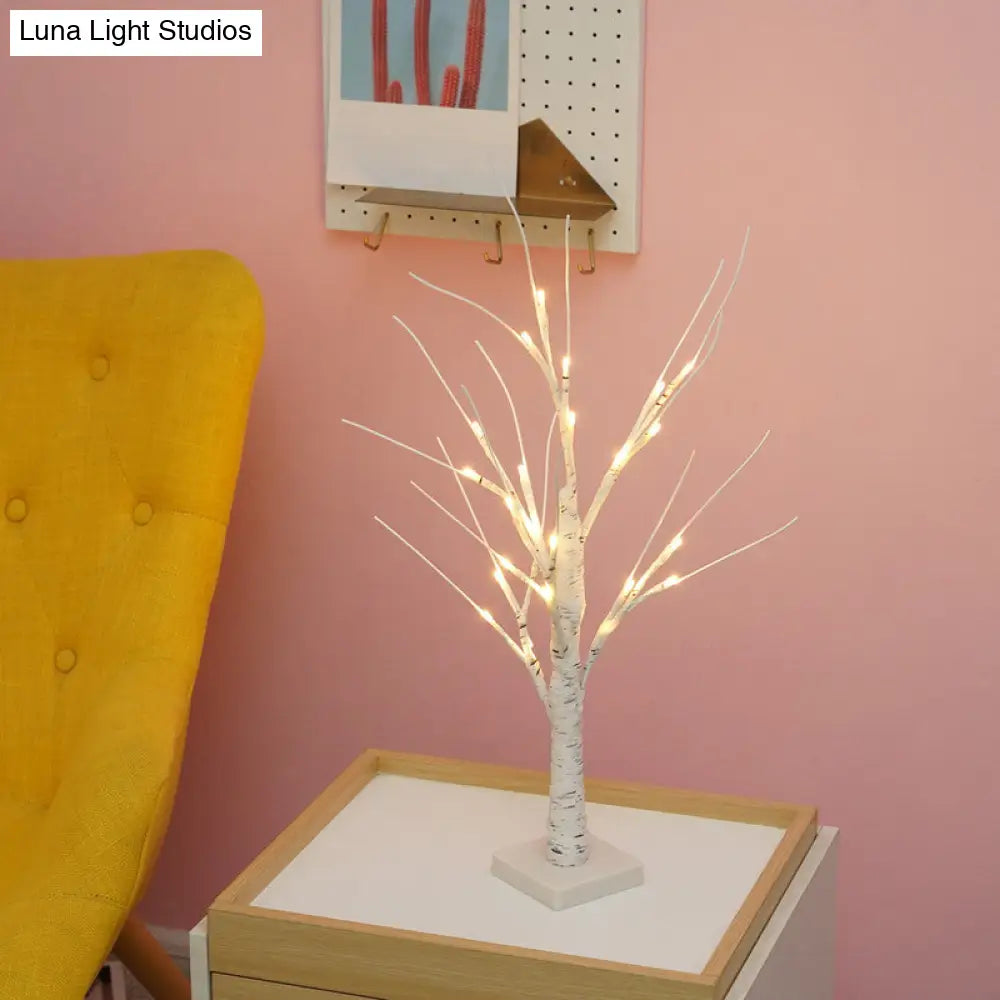 White Led Usb Nightstand Lamp: Plastic Birch Tree Art Decor For Living Room