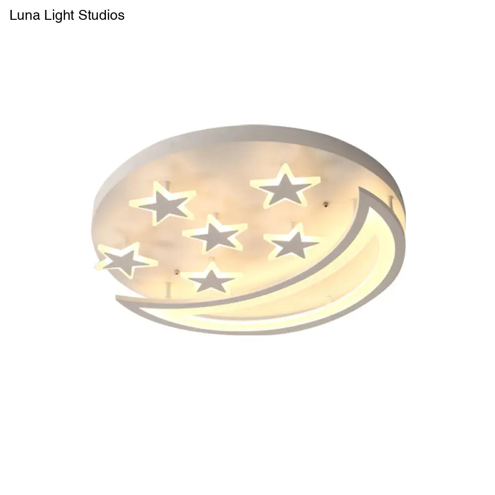 White Metal Moon And Star Flush Ceiling Light For Kid’s Cartoon Bedroom