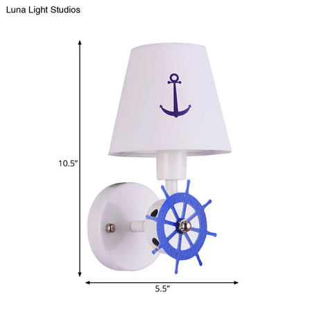 White Nautical Fabric Sconce Wall Light With Tapered Shade For Study Room