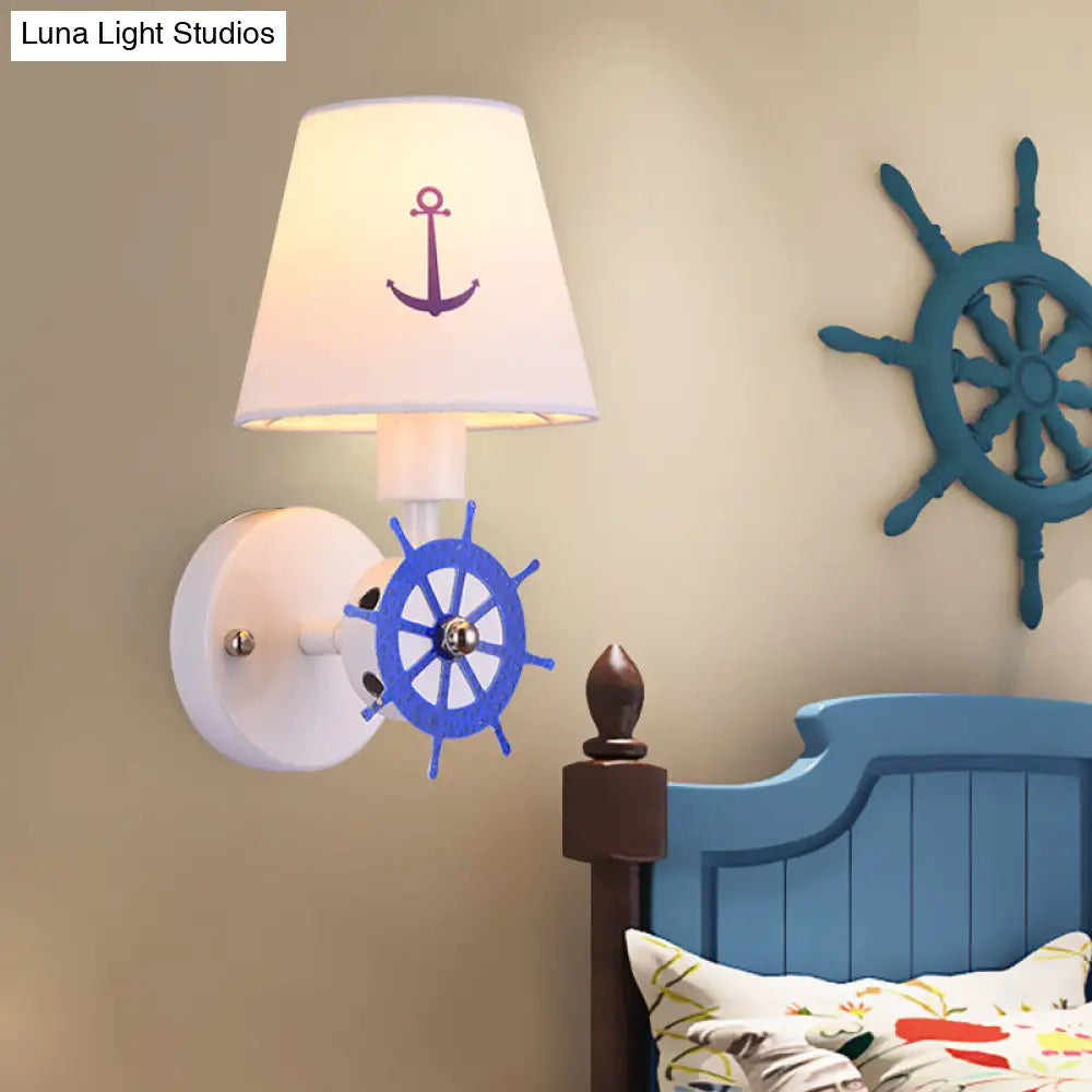 White Nautical Fabric Sconce Wall Light With Tapered Shade For Study Room