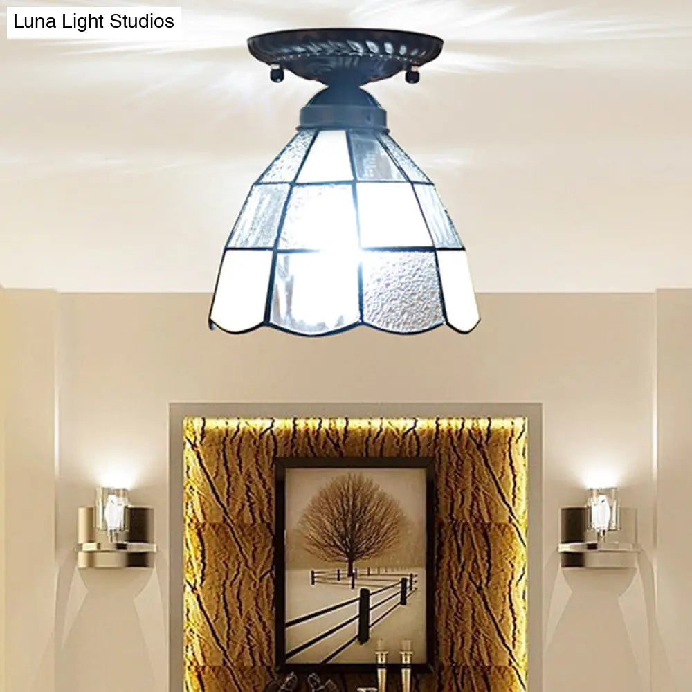 White Stained Glass Tiffany Semi Flush Mount Ceiling Light - 7 Inches Width Bedroom Lighting