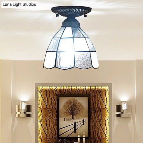 White Stained Glass Tiffany Semi Flush Mount Ceiling Light - 7 Inches Width Bedroom Lighting
